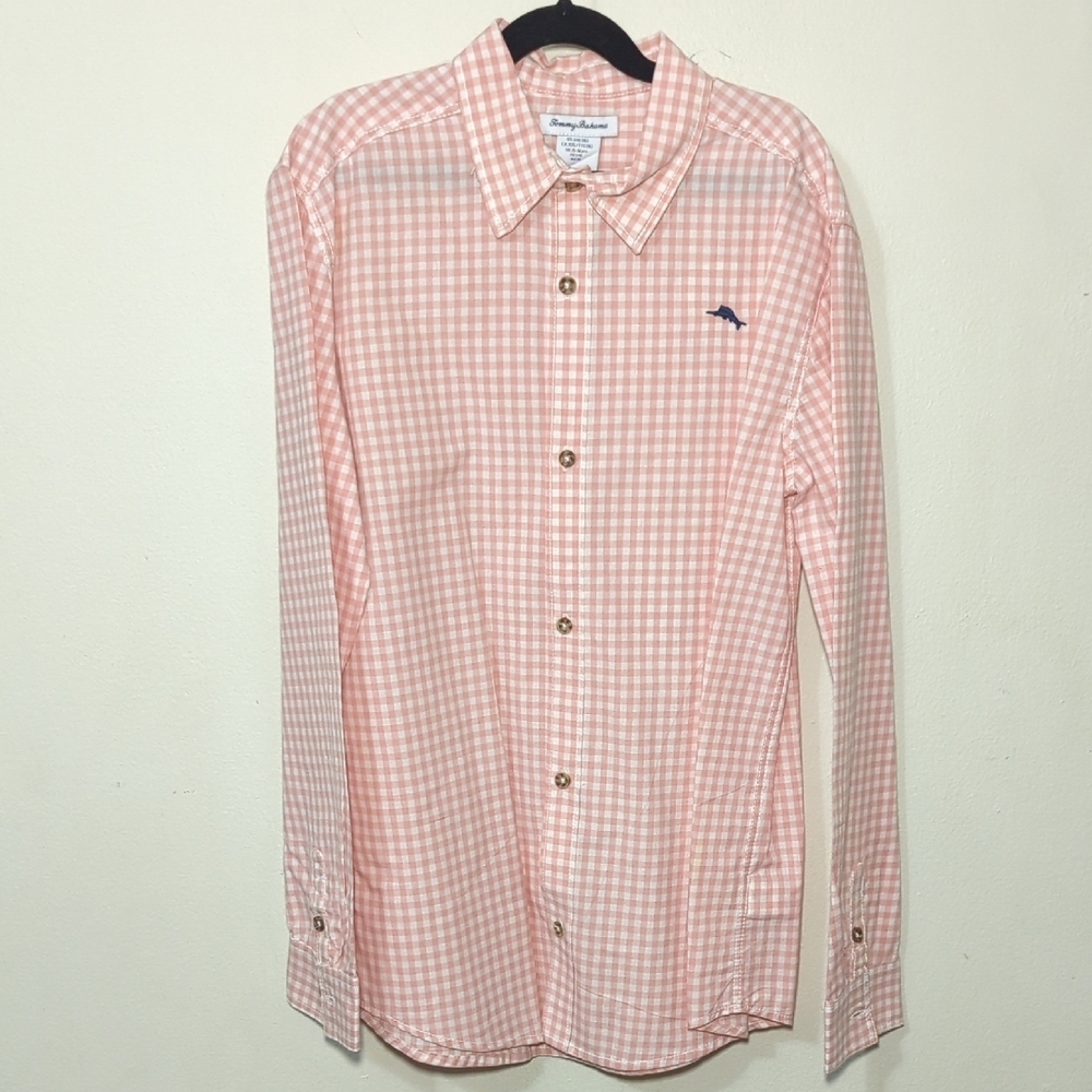 Tommy Bahama Pink + White Gingham Button-Down Shirt Spring Easter Boys 16 XXL